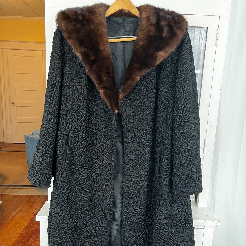 100% Real Fur Coat, Persian Lamb with Mink Collar